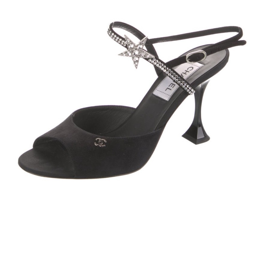 38.5 CHANEL Black Crystal Star Slingback Heels - Picture 3 of 11
